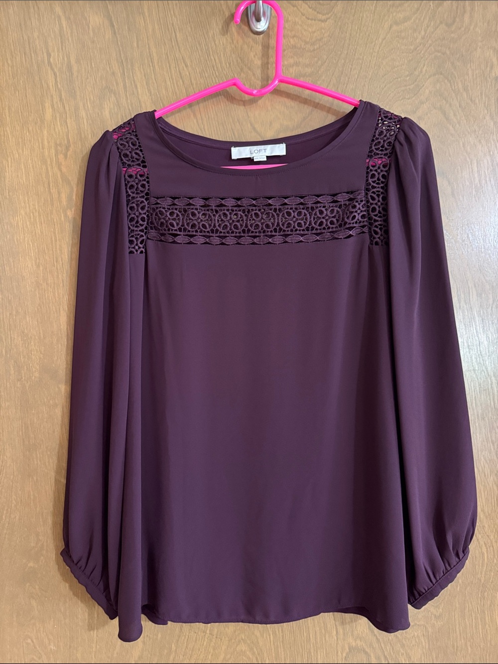 LOFT Deep Plum Lace Yoke Long Sleeve Blouse